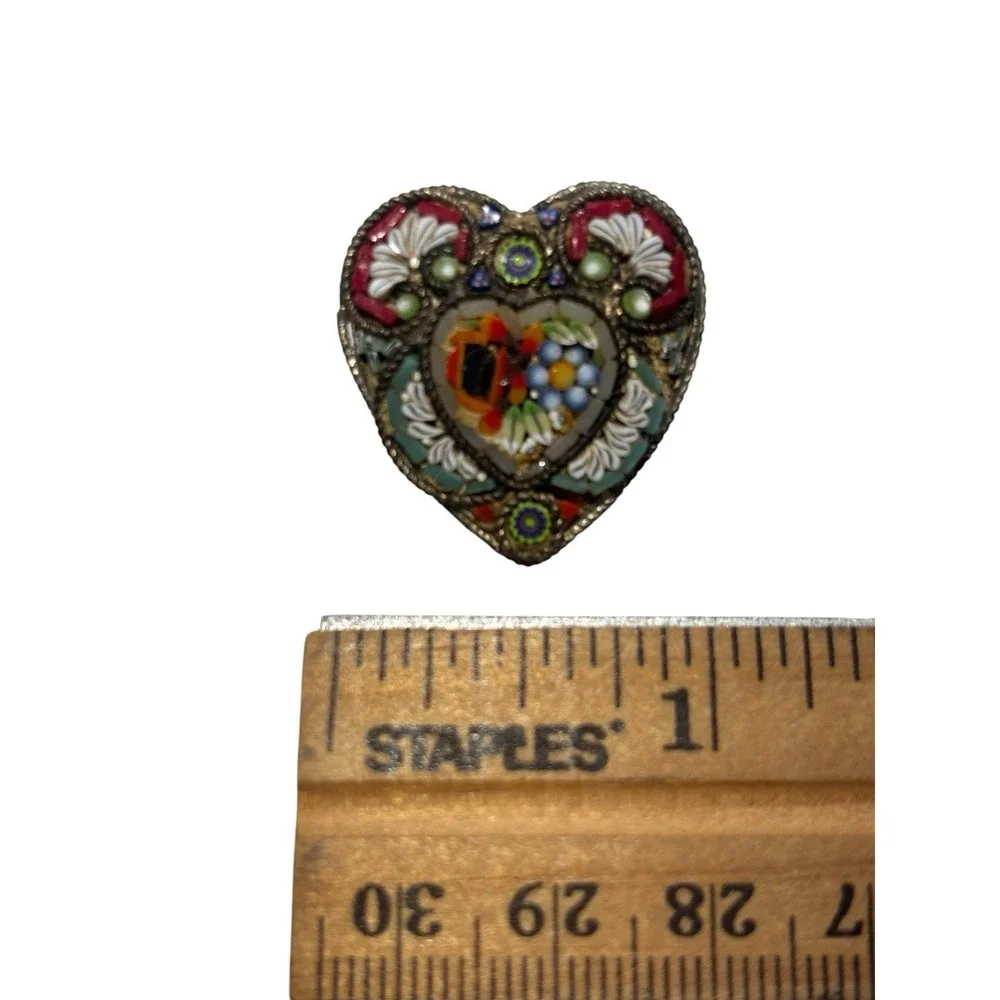 Vintage Italy Gold Tone Intricate Colorful Micro Mosaic Heart Love Brooch Pin